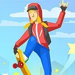 Person med hettegenser og lue som står på et skateboard med ett bein opp i luften, omgitt av stjerner og skyer