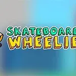 En tegneseriefigur på skateboard med solbriller og caps ved siden av teksten Skateboard Wheelie på en fargerik bakgrunn