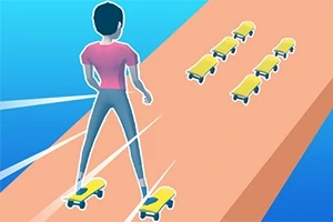 En person på skateboard samler flere skateboard på en oransje rampe mot blå bakgrunn