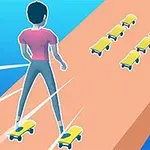 En person på skateboard samler flere skateboard på en oransje rampe mot blå bakgrunn