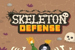 Tegnet tittel Skeleton Defense med hodeskaller, piggtråd og eksplosive gjenstander på sandfarget bakgrunn