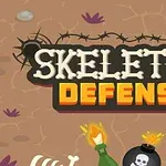 Tegnet tittel Skeleton Defense med hodeskaller, piggtråd og eksplosive gjenstander på sandfarget bakgrunn
