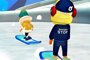 To figurer med vinterklær står på snowboard på et snødekt område