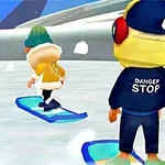 To figurer med vinterklær står på snowboard på et snødekt område