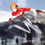 En animert skihopper i luften med fjell og snødekt landskap i bakgrunnen