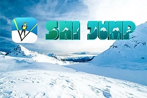 Snødekte fjell med en animert logo av en skiløper og teksten Ski Jump