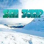 Snødekte fjell med en animert logo av en skiløper og teksten Ski Jump