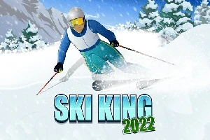 En alpinist i fargerike klær kjører ned en snødekt bakke med fjell og trær i bakgrunnen, med teksten Ski King 2022 i forgrunnen