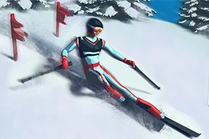 En skiløper kledd i blå og rød drakt kjører ned en snødekket bakke mellom røde porter med trær i bakgrunnen