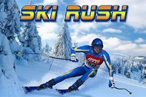 En skiløper i blå drakt kjører ned en snødekt bakke omgitt av snødekte trær, med teksten Ski Rush øverst