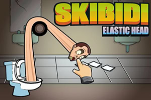 En animert scene med en elastisk hals som strekker seg ut av et toalett, med en pekende hånd og teksten SKIBIDI ELASTIC HEAD i bakgrunnen