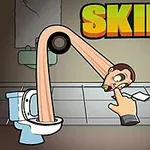 En animert scene med en elastisk hals som strekker seg ut av et toalett, med en pekende hånd og teksten SKIBIDI ELASTIC HEAD i bakgrunnen