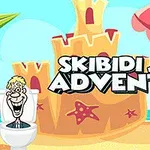 En karikatur av en mann i en do foran et strandlandskap med et stort sandslott og en parasoll, med teksten Skibidi Jump Adventure