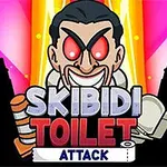En tegneseriefigur med røde øyne står bak teksten Skibidi Toilet Attack med en fargerik bakgrunn