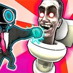 Robot med skjerm som hode i dress slår til en menneskelignende skapning med lysende øyne som kommer opp av et toalett, på en bakgrunn av røde og rosa stråler