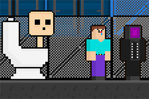 Pixelert illustrasjon med en karikert figur på en toalettstol og to andre firkantede figurer ved siden av