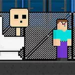 Pixelert illustrasjon med en karikert figur på en toalettstol og to andre firkantede figurer ved siden av