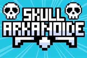 Teksten SKULL ARKANOIDE i en pikselert stil med to hodeskaller på en lys blå bakgrunn