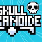 Teksten SKULL ARKANOIDE i en pikselert stil med to hodeskaller på en lys blå bakgrunn