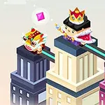 En fargerik tegneseriestil viser en figur med krone på toppen av høye, blokklignende bygninger, med andre figurer rundt og svevende rosa diamanter i luften