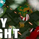 Tegneserieaktige fly i kamp over et skyet landskap med fallskjermdropp og teksten SKY FIGHT