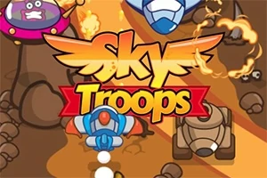 Fargerikt tegneserie-aktig bilde med fly, kampvogner og tekst Sky Troops på midten