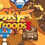 Fargerikt tegneserie-aktig bilde med fly, kampvogner og tekst Sky Troops på midten