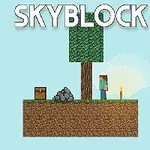 En figur står ved siden av et tre på en liten jordblokk med en kiste, en steinhaug og en fakkel, mot en lys blå bakgrunn med skriften SKYBLOCK øverst