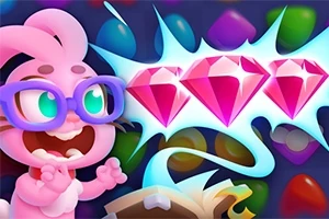 En rosa tegneseriefigur med briller ser på tre rosa diamanter på en fargerik bakgrunn