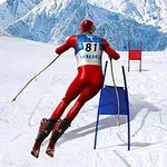 En skiløper kledd i rød drakt og nummer 81 suser ned en snødekt bakke, mellom blå og røde porter, med majestetiske fjell i bakgrunnen