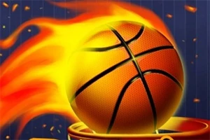 En basketball med flammer rundt seg er på vei gjennom en basketballkurv