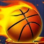 En basketball med flammer rundt seg er på vei gjennom en basketballkurv