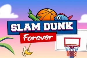 Basketball, fisk og banan ved en basketballkurv med teksten Slam Dunk Forever på fargerik himmelbakgrunn