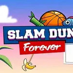 Basketball, fisk og banan ved en basketballkurv med teksten Slam Dunk Forever på fargerik himmelbakgrunn