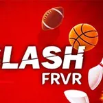 Røde bakgrunn med teksten SLASH FRVR omgitt av en amerikansk fotball, basketball, bowlingkjegle og en fresbee