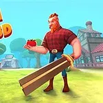 En tegnet figur i rutete skjorte holder en stor øks og et eple på en gressplen foran bygninger med teksten Slash Ville 3D i bakgrunnen