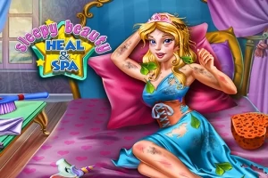 En tegnet prinsesse sitter på en rosa pute i en seng, omgitt av ulike spa-verktøy og blader