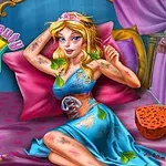 En tegnet prinsesse sitter på en rosa pute i en seng, omgitt av ulike spa-verktøy og blader