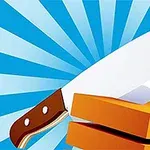En illustrasjon av en skarp kniv som skjærer gjennom et stykke oransje gjenstand på en bakgrunn med blå strålemønster