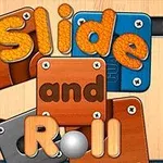 Fargerike bokstaver i ordet Slide and Roll står på trefliser med en metallisk kule under