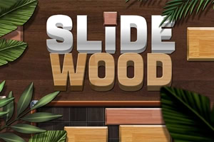 Teksten «SLIDE WOOD» i store bokstaver på mørk trebakgrunn, omgitt av grønne blader og treklosser