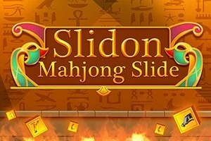 Teksten Slidon Mahjong Slide med et bakteppe av hieroglyfer og dekorative elementer