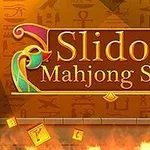 Teksten Slidon Mahjong Slide med et bakteppe av hieroglyfer og dekorative elementer