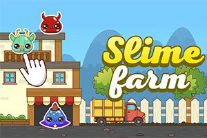 En tegneserieillustrasjon med slimfigurer, en lastbil foran et hus, og teksten Slime Farm i lyse farger