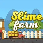 En tegneserieillustrasjon med slimfigurer, en lastbil foran et hus, og teksten Slime Farm i lyse farger