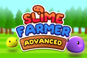 Fargerike tegneserieaktige slimfigurer står på en gressplen med trær i bakgrunnen, med teksten Slime Farmer Advanced i midten