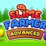 Fargerike tegneserieaktige slimfigurer står på en gressplen med trær i bakgrunnen, med teksten Slime Farmer Advanced i midten