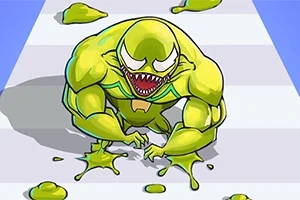En gul, slimete monsterfigur med skarpe tenner beveger seg på en stripete overflate