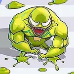 En gul, slimete monsterfigur med skarpe tenner beveger seg på en stripete overflate