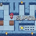 Pikselert labyrint med en karakter i rød hettegenser, kasser, fakler og en grønn slime-figur